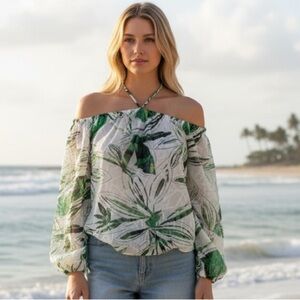WHITE HOUSE BLACK MARKET HALTER BLOUSE PALM PRINT OFF THE SHOULDER PEASANT SZ M
